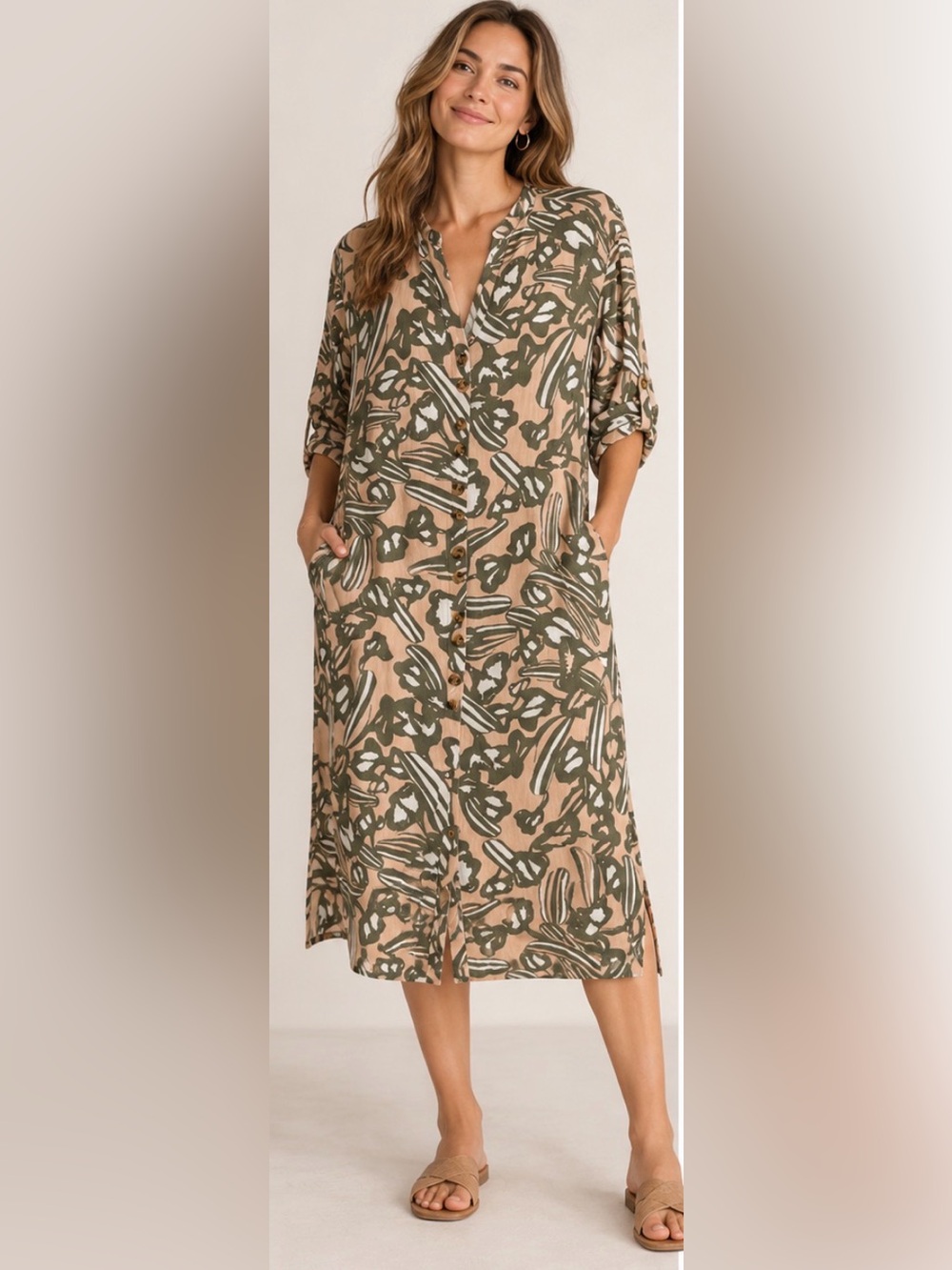 NATIVE YOUTH Olive and Beige Floral Button-Front Midi Dress
